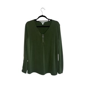Cato Olive Green Top Solid V-neck Zip Open Sleeve Business Casual Medium Women’s